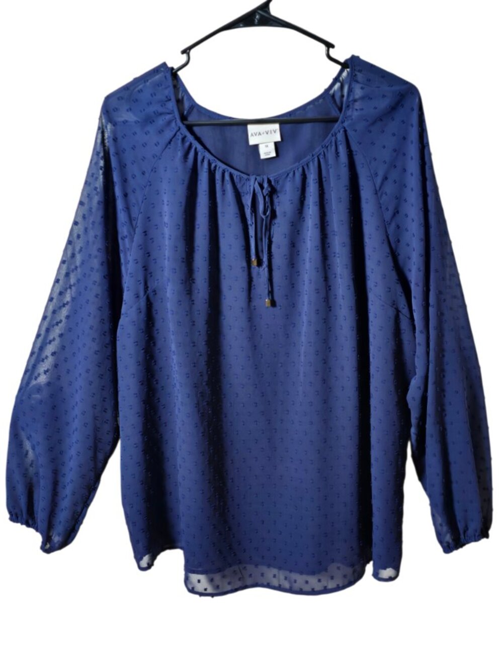 Ava Viv 1X Navy Swiss Dot Peasant Blouse Flowy Long Sleeve Plus Size Top